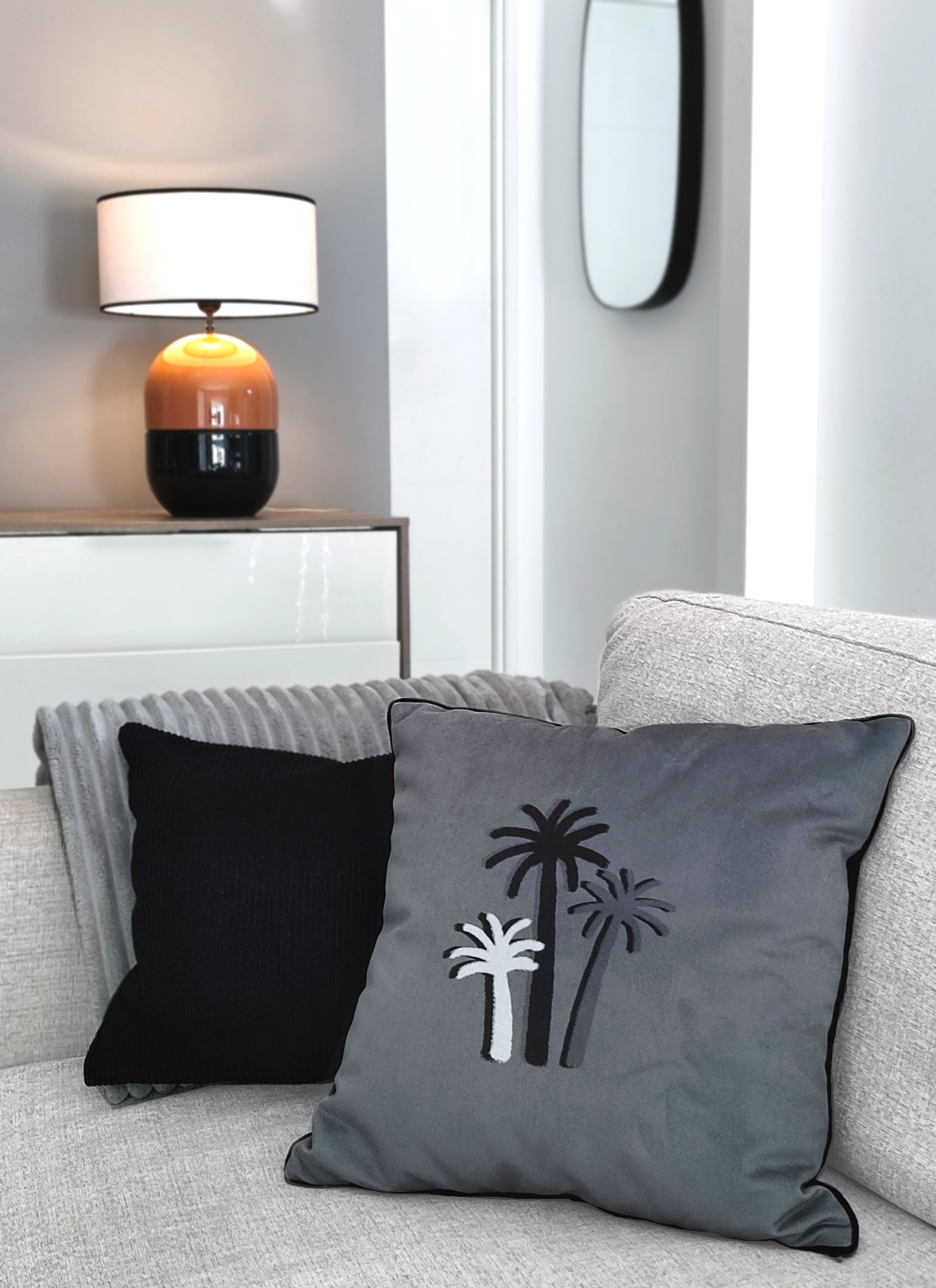 CHALK PALM CUSHION - GREEN-GRAY Velvet - Square